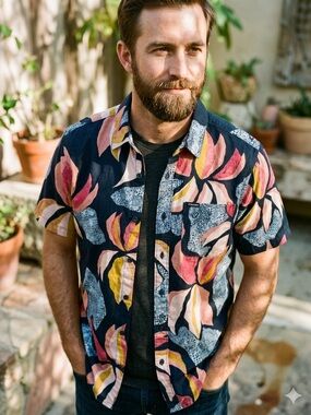 Volcom Navy Tropical Print Short Sleeve Button Shirt with Coral & Yellow Accents